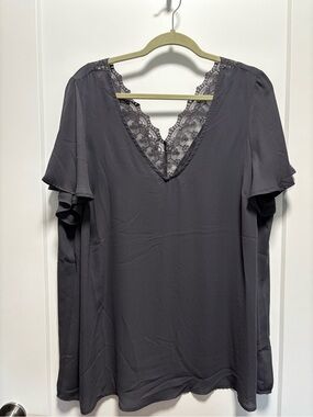 torrid Charcoal Gray Lace Trim V-Neck Blouse